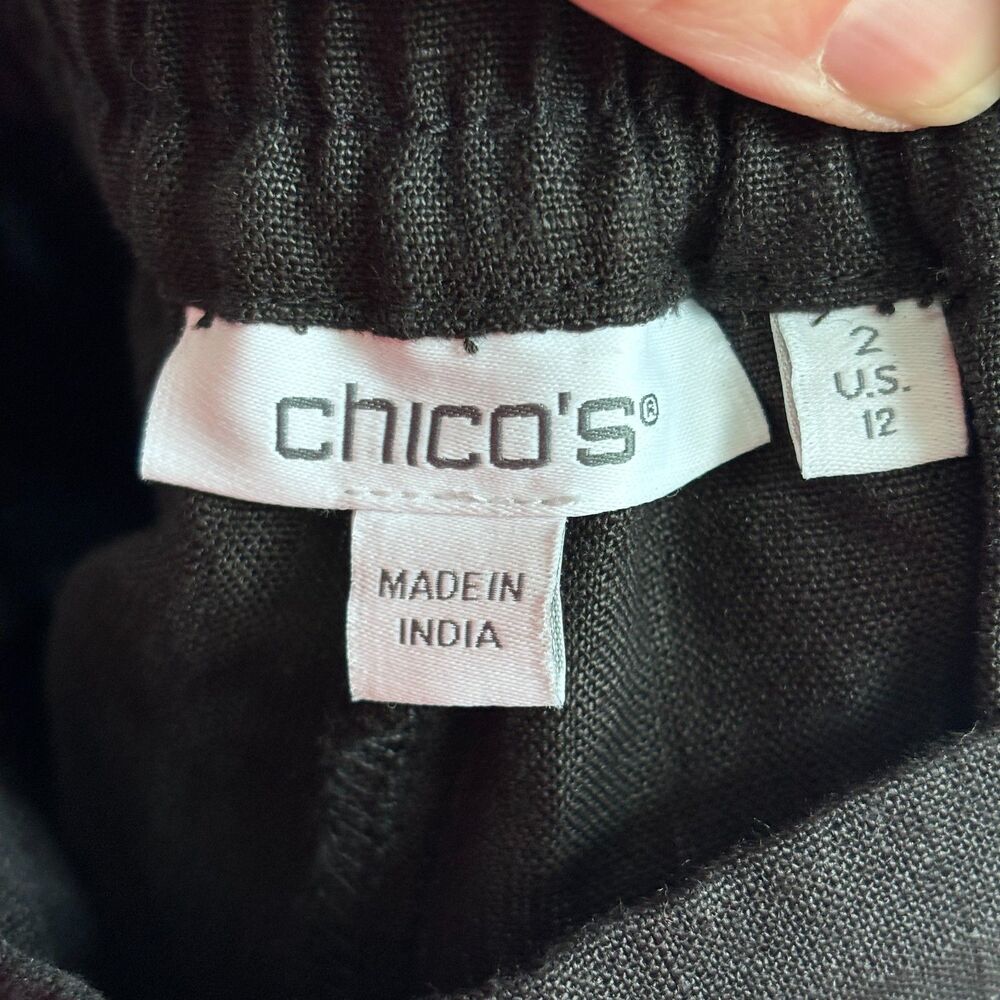 Chico's Linen Wide Leg Crop Pants Womens 12 Black Pull On Beachy Travel Vacation - Picture 5 of 8